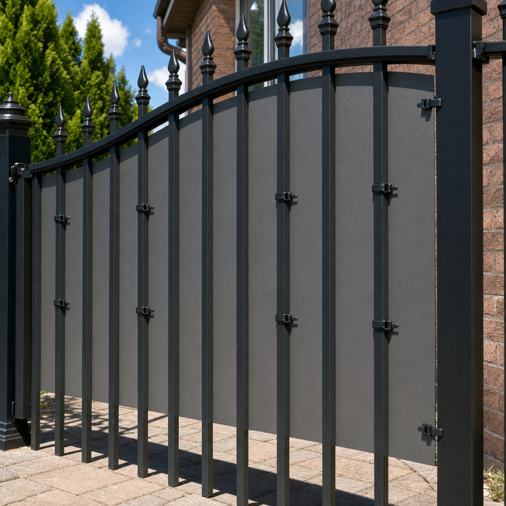 Charcoal privacy panel mounted behind black aluminum fence pickets