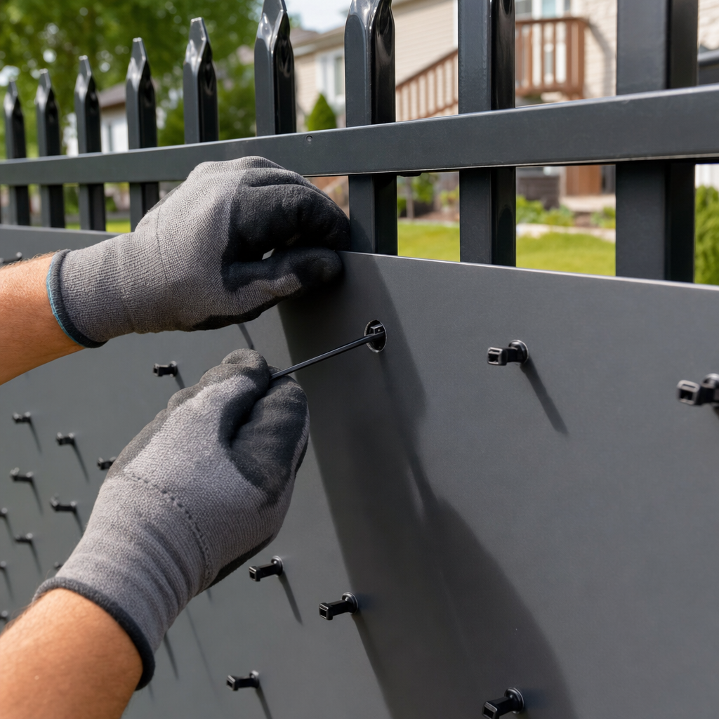 Installer fixing a privacy panel to the back of an aluminum fence