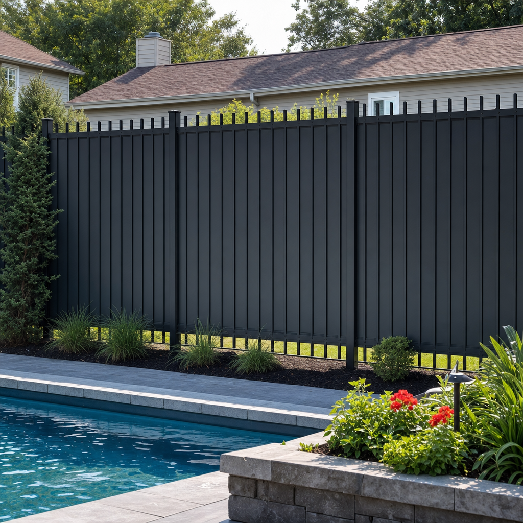 Black ornamental aluminum pool fence with charcoal privacy panels behind the pickets