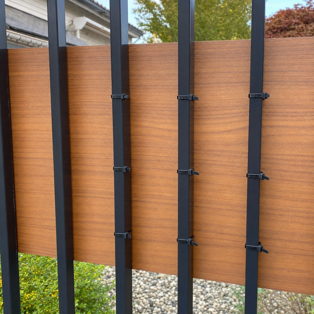 Privacy panel printed with a wood grain pattern behind black fence pickets
