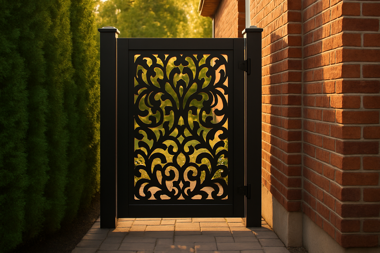 Black PVC privacy infill panel with a decorative cut-out, fitted inside a gate frame beside a brick home