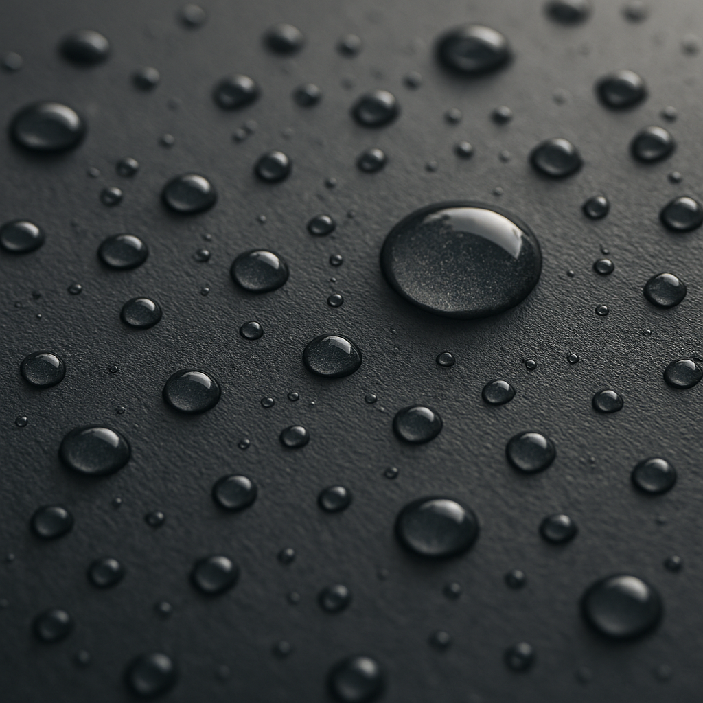 Close-up of clean black PVC panel surface beaded with rainwater